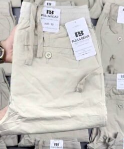 Men's Beige Cotton Cargo Trousers - Ribbed Drawstring Waist Relaxed Fit Casual Pants